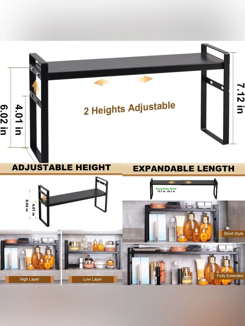 NIB-expandable narrow shelf with 2 heights for cabinet, over sink, counter etc